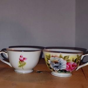 Mid 20th Century Vintage Hand-Painted Kashmir Rose Bone China Tea Cup 2 pc set,